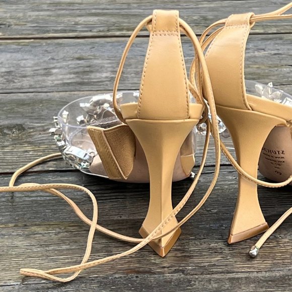 SCHUTZ Crystal Rhinestone Embellished Strappy Heels Nude Tan 6.5 - Picture 12 of 14